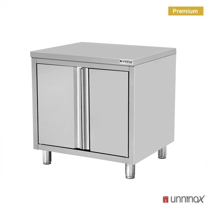 Arbeitsschrank Edelstahl 700x600 mm ohne Aufkantung, 2 Türen, 500 kg Tragkraft