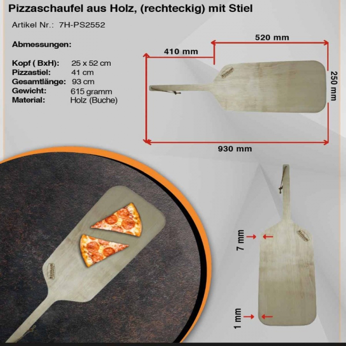 Holz Pizzaschaufel | Rechteckig mit Stiel | 25x52 (BxT in cm)