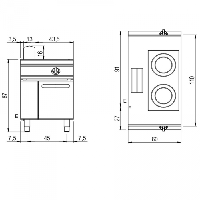 Induktionskochfeld mit 2 Platten auf Unterbau mit Türen | Bedienung beidseitig