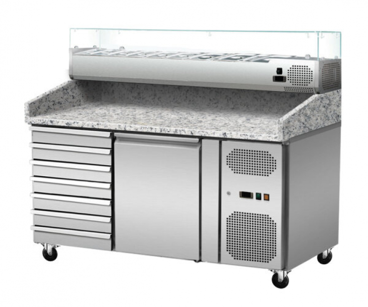 Pizza Kühlthek Granit Rosa Grau 1 Tür 7 Schubladen 151 x 80 Kühlaufsatz GN1/3 mit Glas