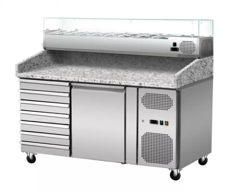 Pizza Kühlthek Granit Rosa Grau 1 Tür 7 Schubladen GN1/4 - Kühlaufsatz mit Glas - 151 x 80 - ungekühlt - Gastrohot