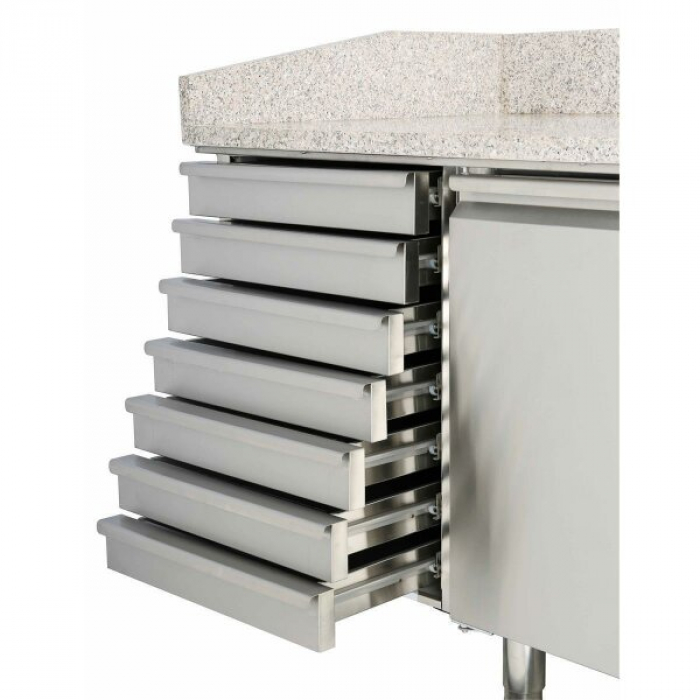 Pizza Kühltisch, 1 Tür, 7 ungek. Schubladen, Kühlaufsatz GN1/4 mit Glas