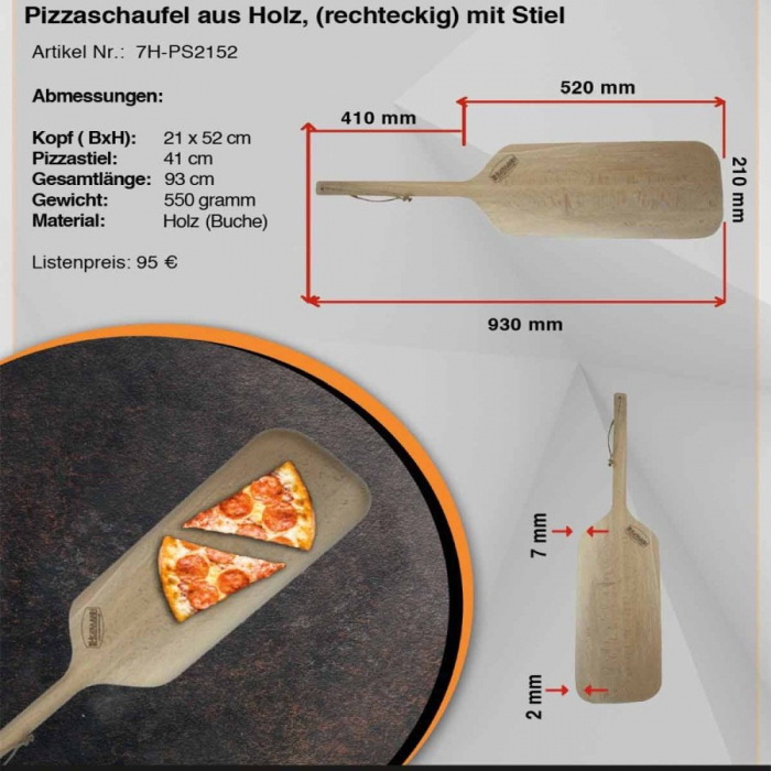 Pizzaschieber Holz | Lang rechteckig mit Stiel | 21x52 (BxT in cm)