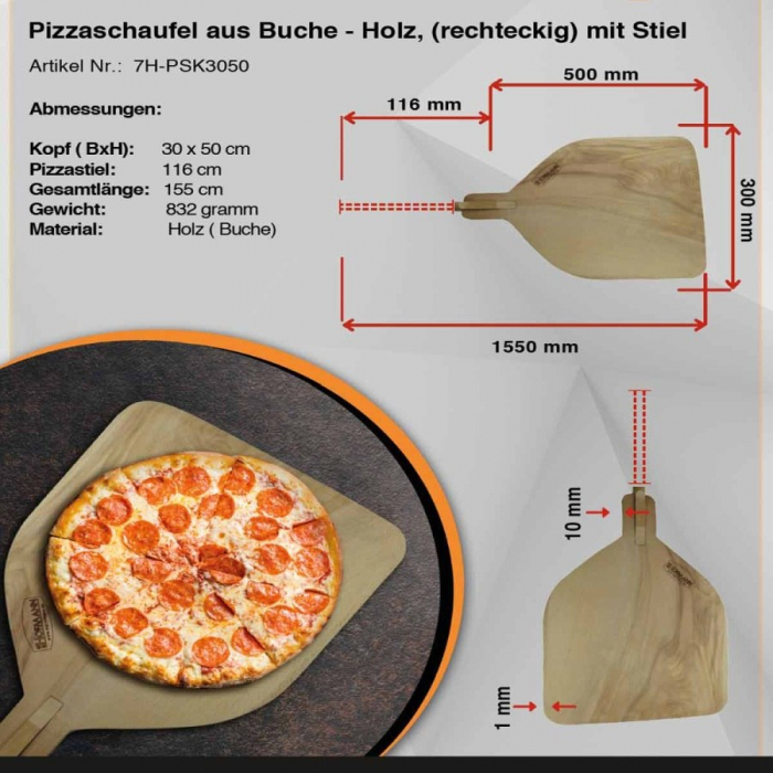 Pizzaschaufel 2 Teilig | Rechteckig mit abnehmbarem Pizzastiel | 30x50 (BxT in cm)