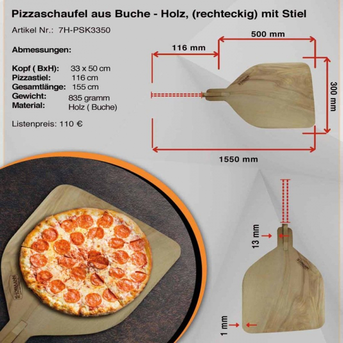 Pizzaschieber Holz | Rechteckig mit abnehmbarem Pizzastiel | 33x50 (BxT in cm)