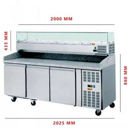 MG Hofmann Pizzakühltisch mit Kühlaufsatz 3 Türen | Statische Kühlung | 580 Liter | Passend für GN 1/3 | Breite 2000 mm