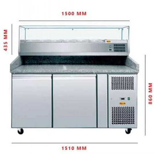 MG Hofmann Pizzatisch mit Kühlaufsatz | 2 Türen | 390 Liter | Statische Kühlung | Breite 1,5 Meter
