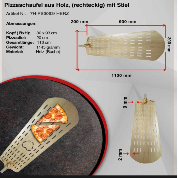 Rechteckige Pizzaschieber mit Löchern | Aus Holz | 30x93 (BxT in cm)