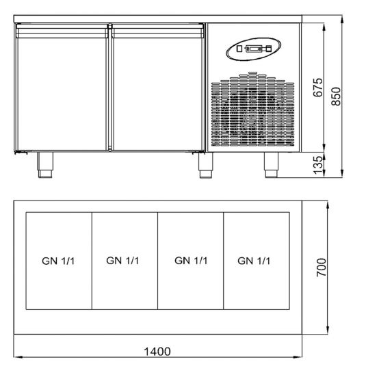Saladette mit 2 Türen | GN 1/1 4x GN 1/1 | B1400 x T700 x H850 mm