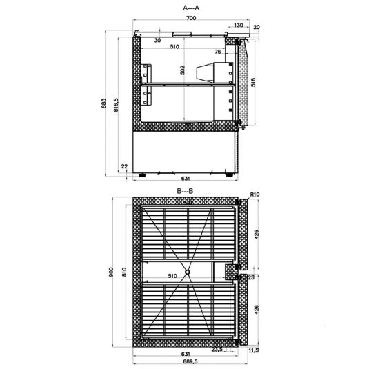 Saladette mit 2 Türen | GN 1/1 und Deckel 6x GN 1/3 + 2x GN 1/4 | B900 x T700 x H883 mm