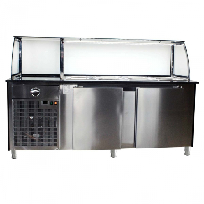 Salattheke (Dönertheke) mit Kassentisch | 4 x 1/1 GN | B2000 xT850 x H1300 mm | Weiß-Schwarz