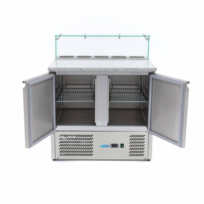 Pizzakühltisch - 90 cm - 2 Türen - Passt 5 x 1/6 GN - inkl. Glasabdeckung