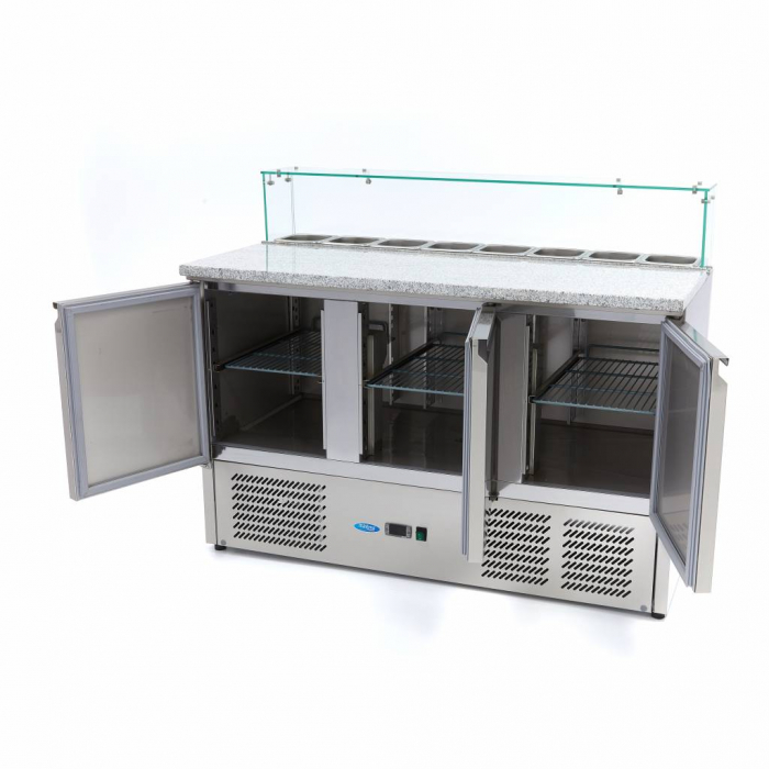 Pizzakühltisch - 137 cm - 3 Türen - Passt 8 x 1/6 GN - inkl. Glasabdeckung