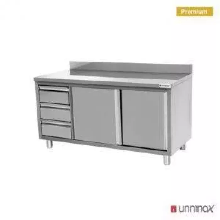 Arbeitsschrank mit Rückwand, 3 Schubladen links, 1400x700 mm