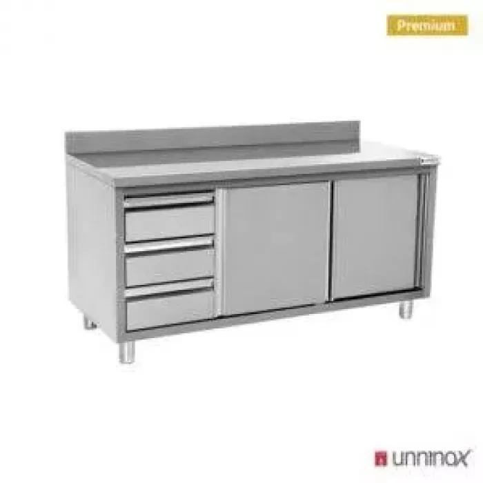 Arbeitsschrank mit Aufkantung, 3 Schubladen links, 1600x700 mm