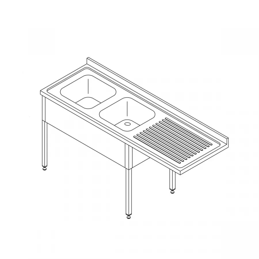 Geschirrspülertisch 200 x 70cm links mit 2 Spülen und Spritzschutz - inklusive Ablagefach