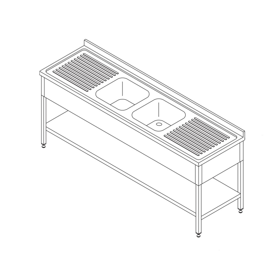 Vaatwastafel 190 x 70cm met 2 spoelbakken en spatbescherming - Inclusief opbergruimte