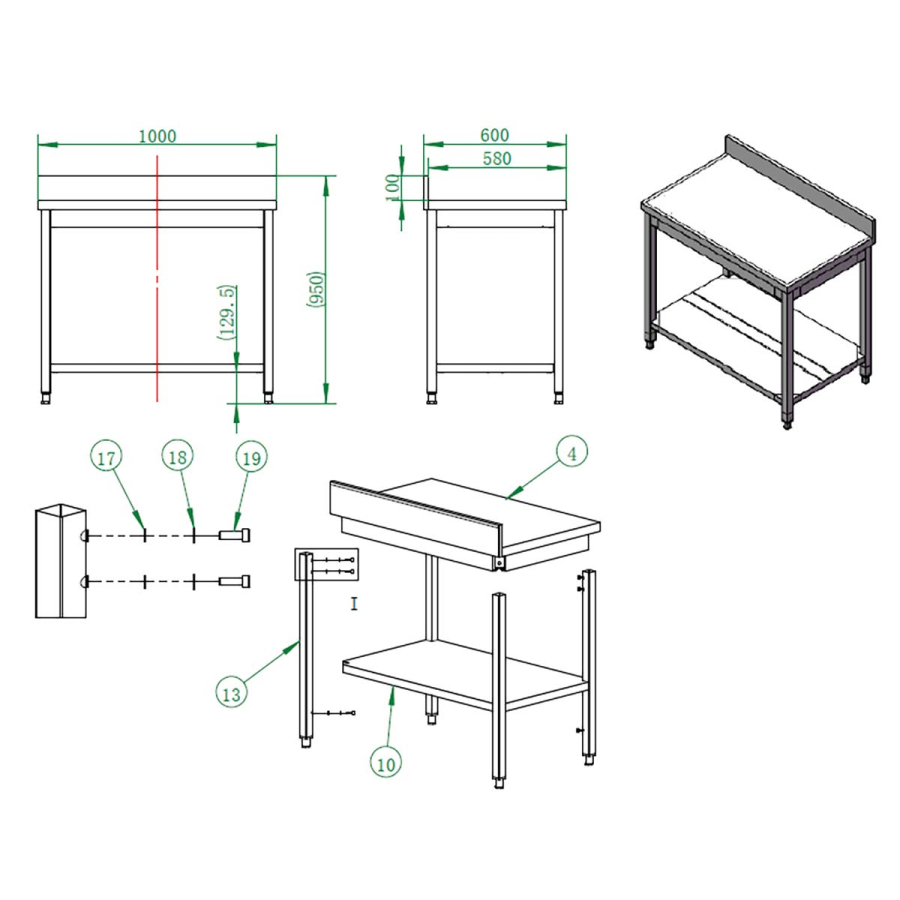 EASYLINE werktafel 600 / met basisbodem & opstaande rand B:1000