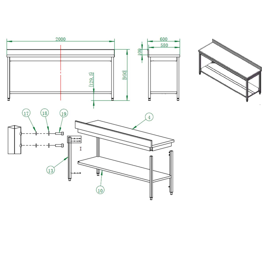 EASYLINE werktafel 600 / met basisbodem & opstaande rand B:2000