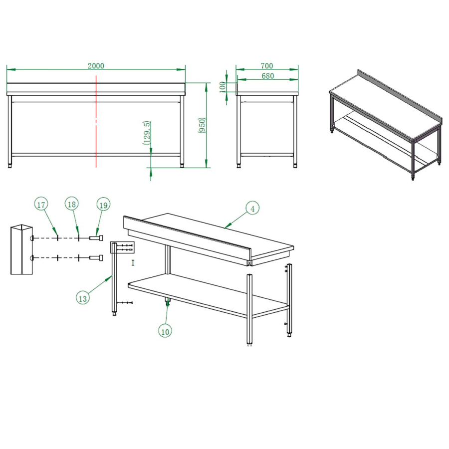 EASYLINE werktafel 700 / met basisbodem & opstaande rand B:2000