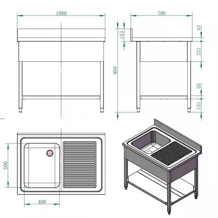 EASYLINE Spültisch 700 / 1 Becken links und Abtropffläche B:1000