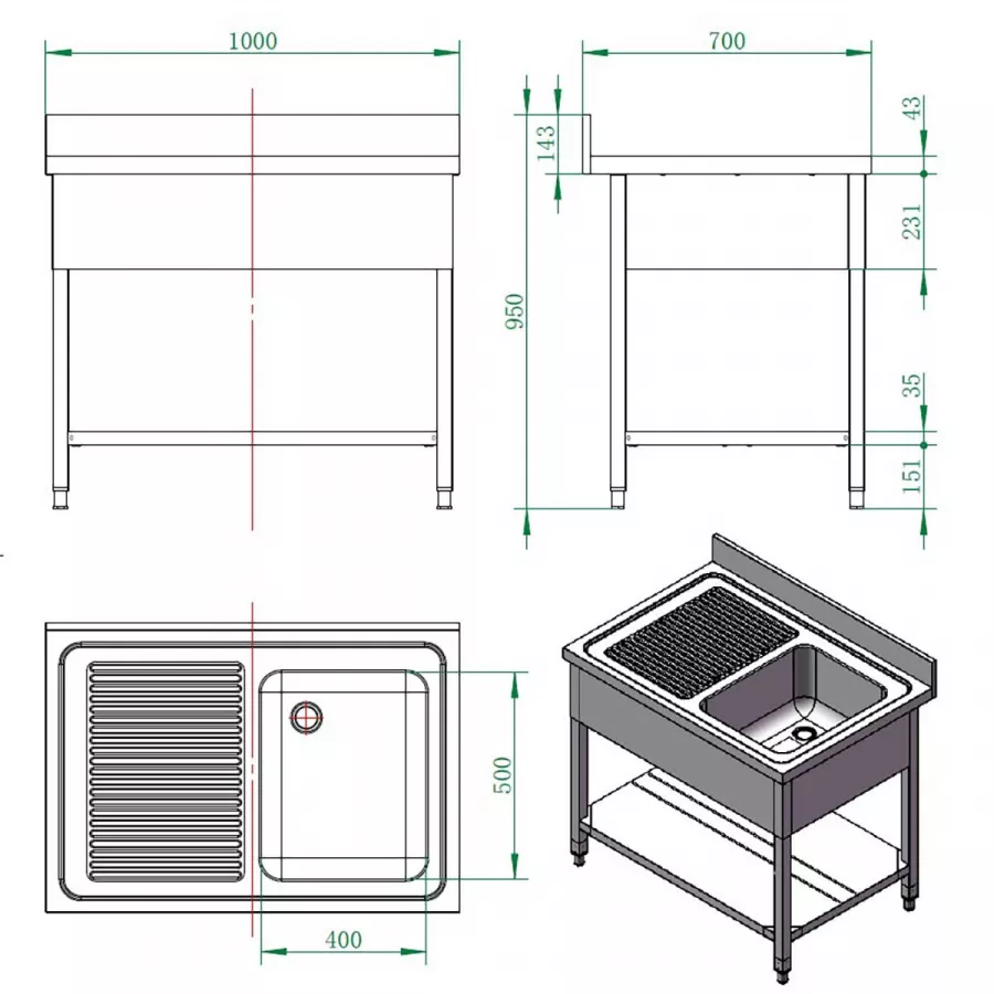 EASYLINE Spültisch 700 / 1 Becken rechts und Abtropffläche B:1000