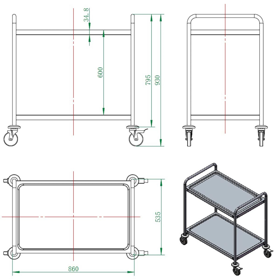 EASYLINE Serveertrolley RVS / 2 planken