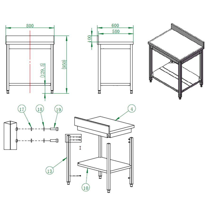 EASYLINE werktafel 600 / met basisbodem & opstaande rand B:800
