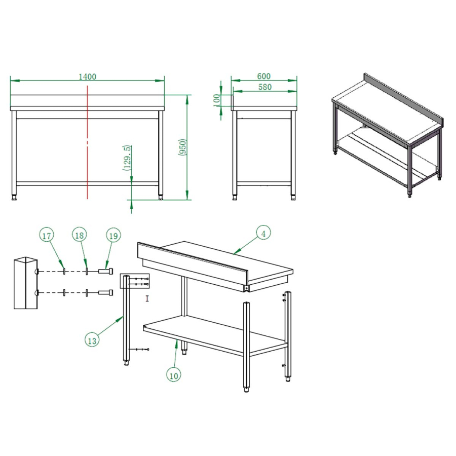 EASYLINE werktafel 600 / met basisbodem & opstaande rand B:1400