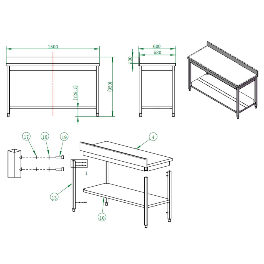 EASYLINE werktafel 600 / met basisbodem & opstaande rand B:1500