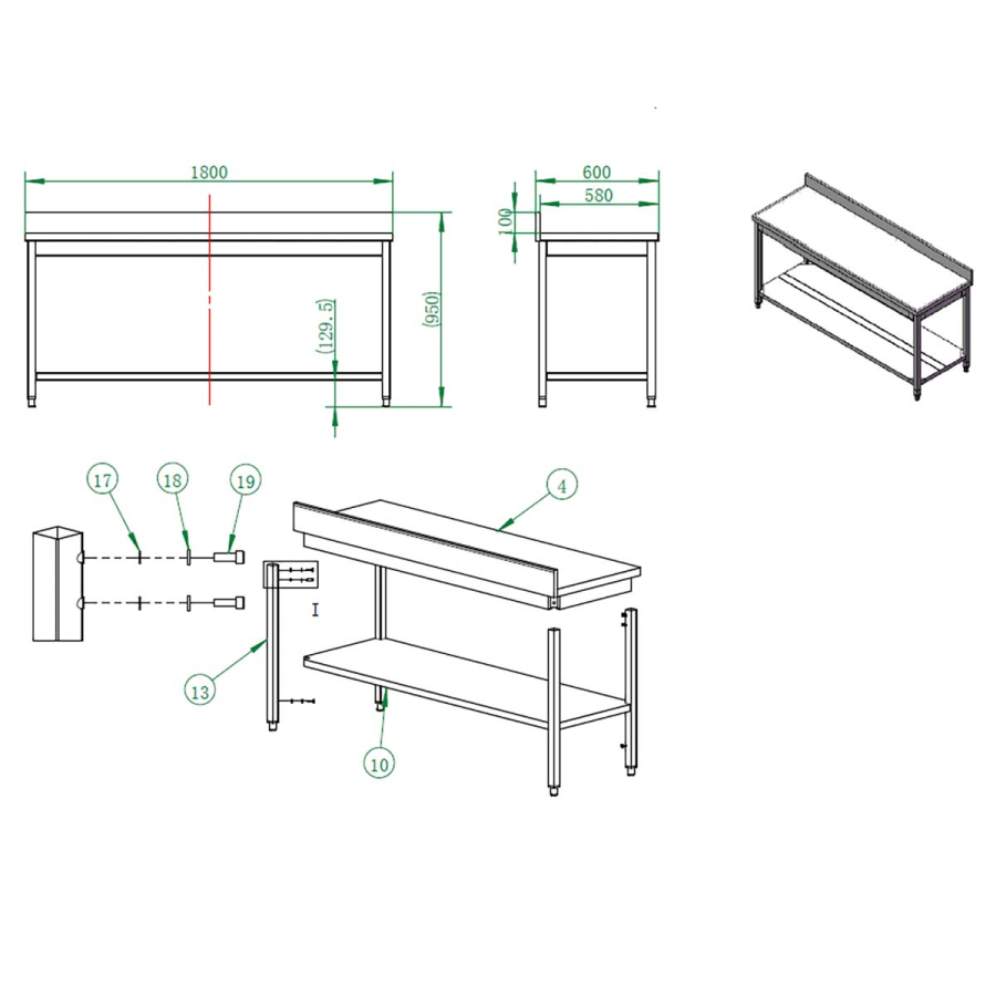 EASYLINE werktafel 600 / met basisbodem & opstaande rand B:1800