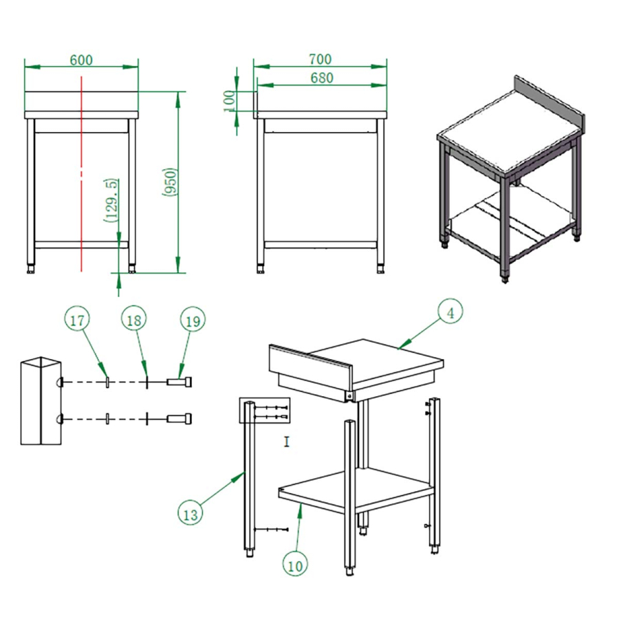 EASYLINE werktafel 700 / met basisbodem & opstaande rand B:600