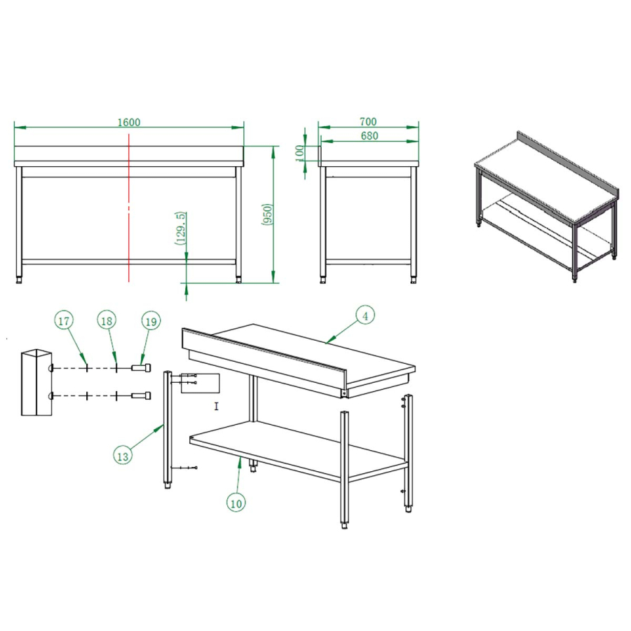 EASYLINE werktafel 700 / met basisbodem & opstaande rand B:1600