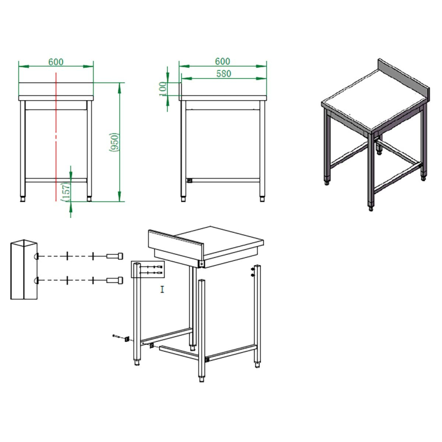 EASYLINE werktafel 600 / onderrijdbaar met opstaande rand B:600