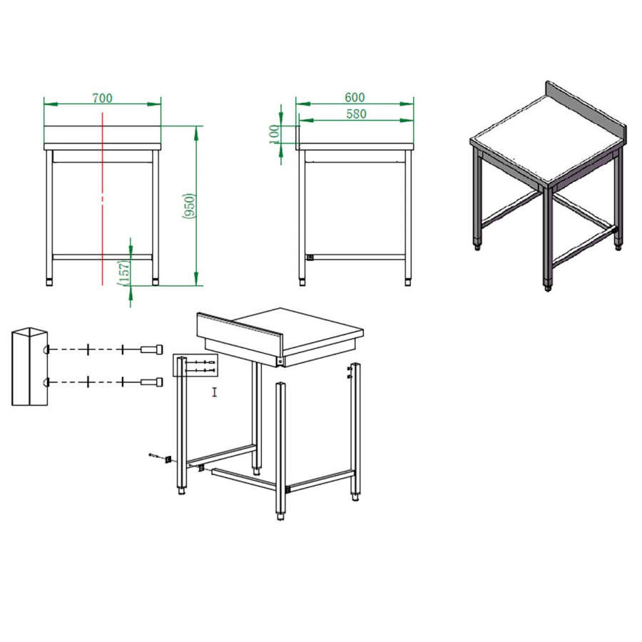 EASYLINE werktafel 600 / onderrijdbaar met opstaande rand B:700