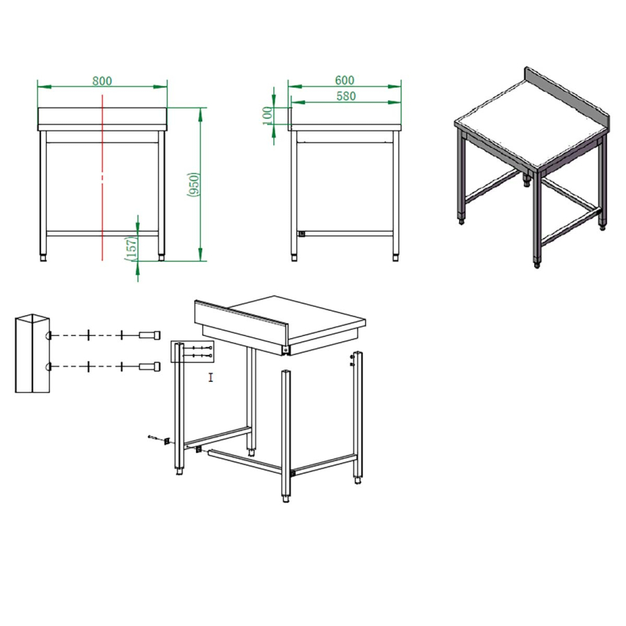 EASYLINE werktafel 600 / onderrijdbaar met opstaande rand B:800