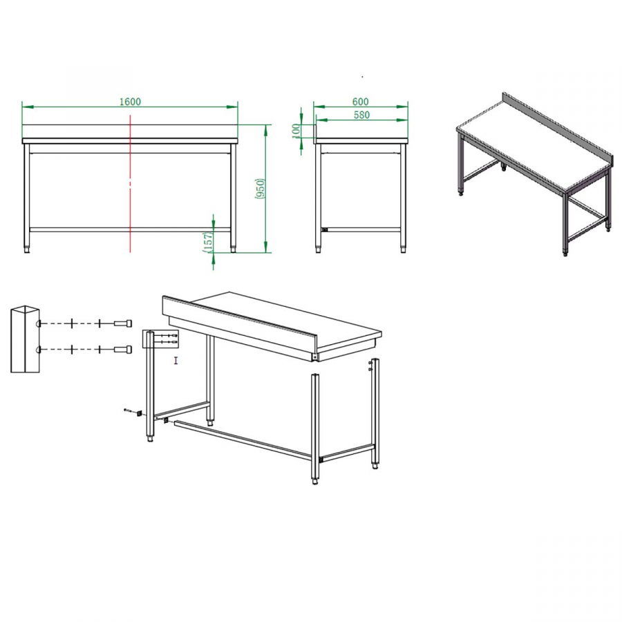 EASYLINE Arbeitstisch 600 / unterfahrbar mit Aufkantung B:1600