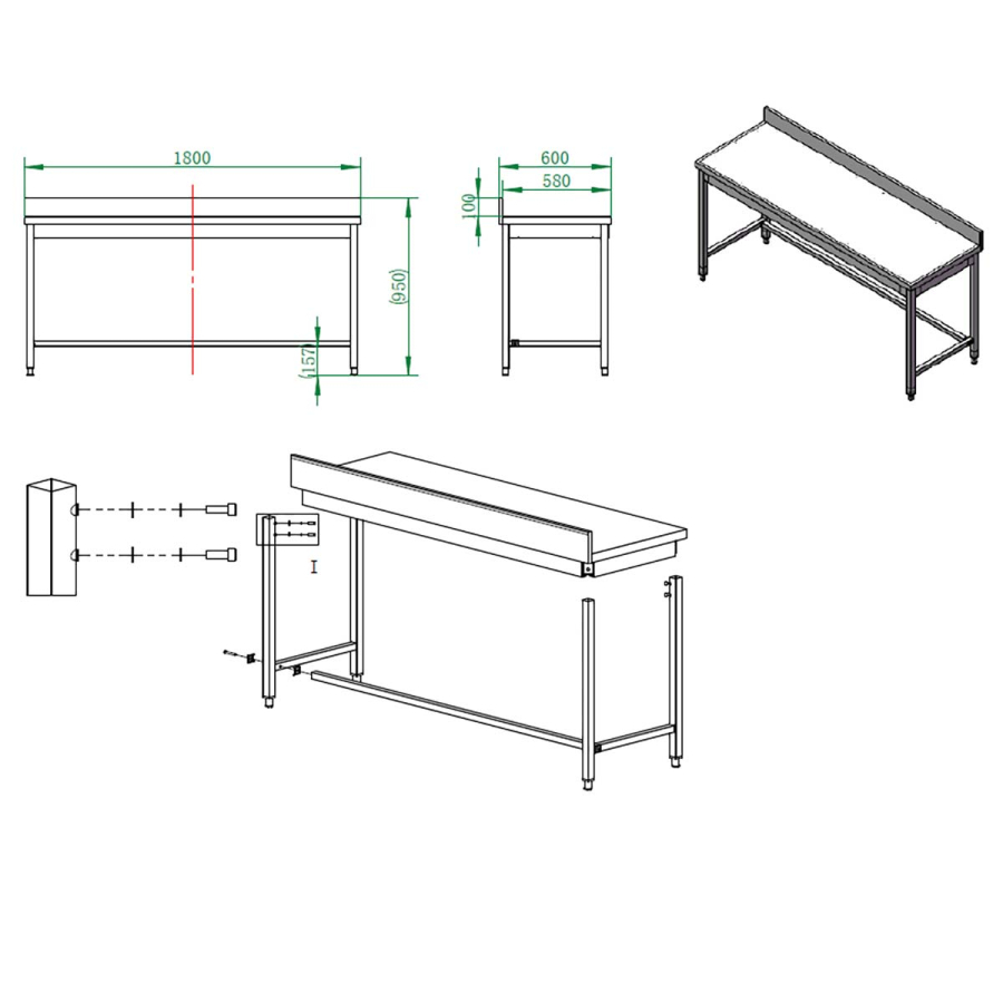 EASYLINE werktafel 600 / onderrijdbaar met opstaande rand B:1800