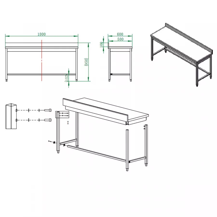 EASYLINE Arbeitstisch 600 / unterfahrbar mit Aufkantung B:1800