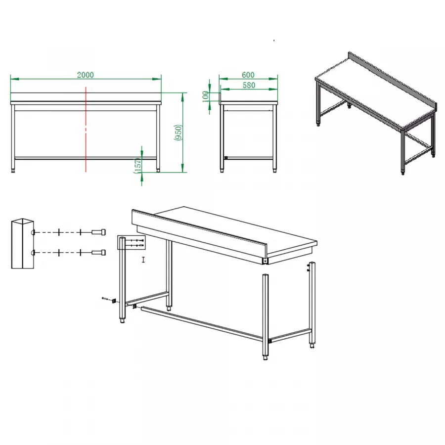 EASYLINE Arbeitstisch 600 / unterfahrbar mit Aufkantung B:2000