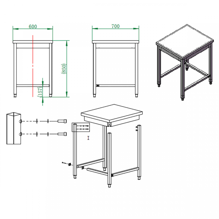 EASYLINE Arbeitstisch 600 / unterfahrbar B:700