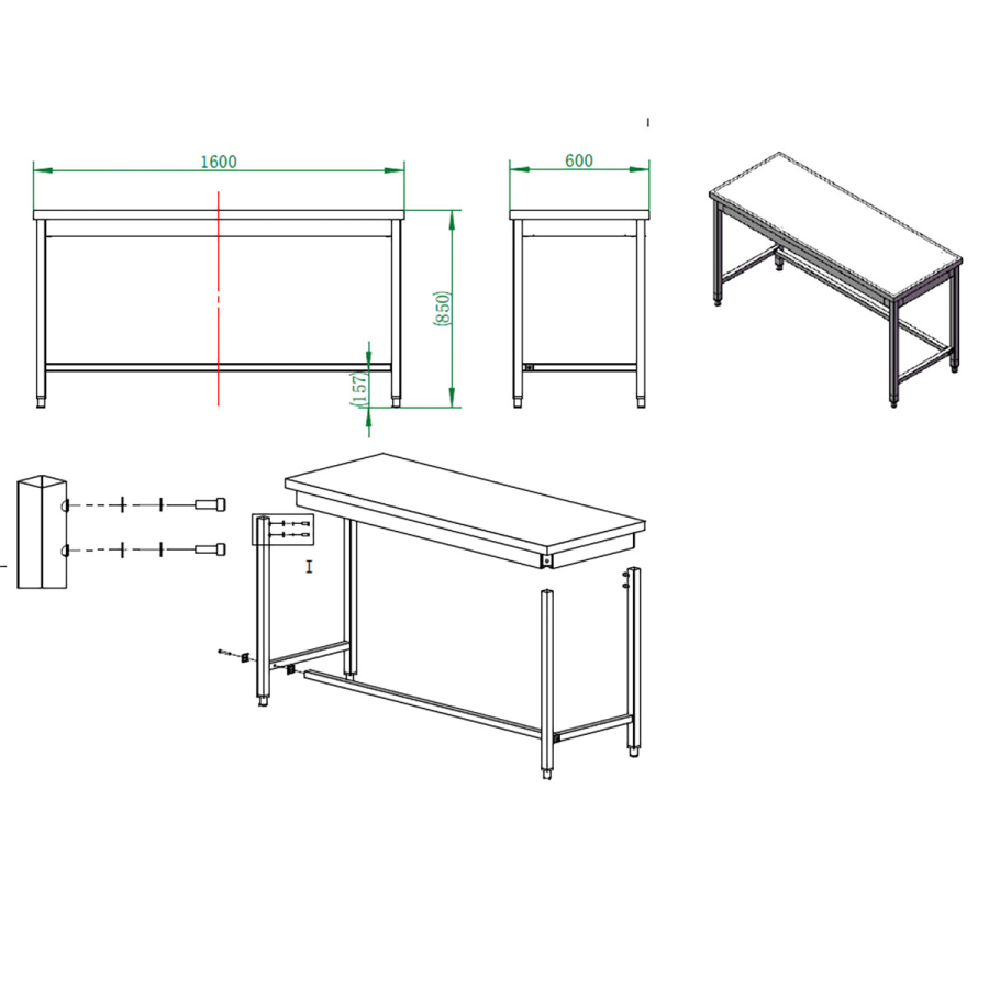 EASYLINE werktafel 600 / onderrijdbaar B:1600