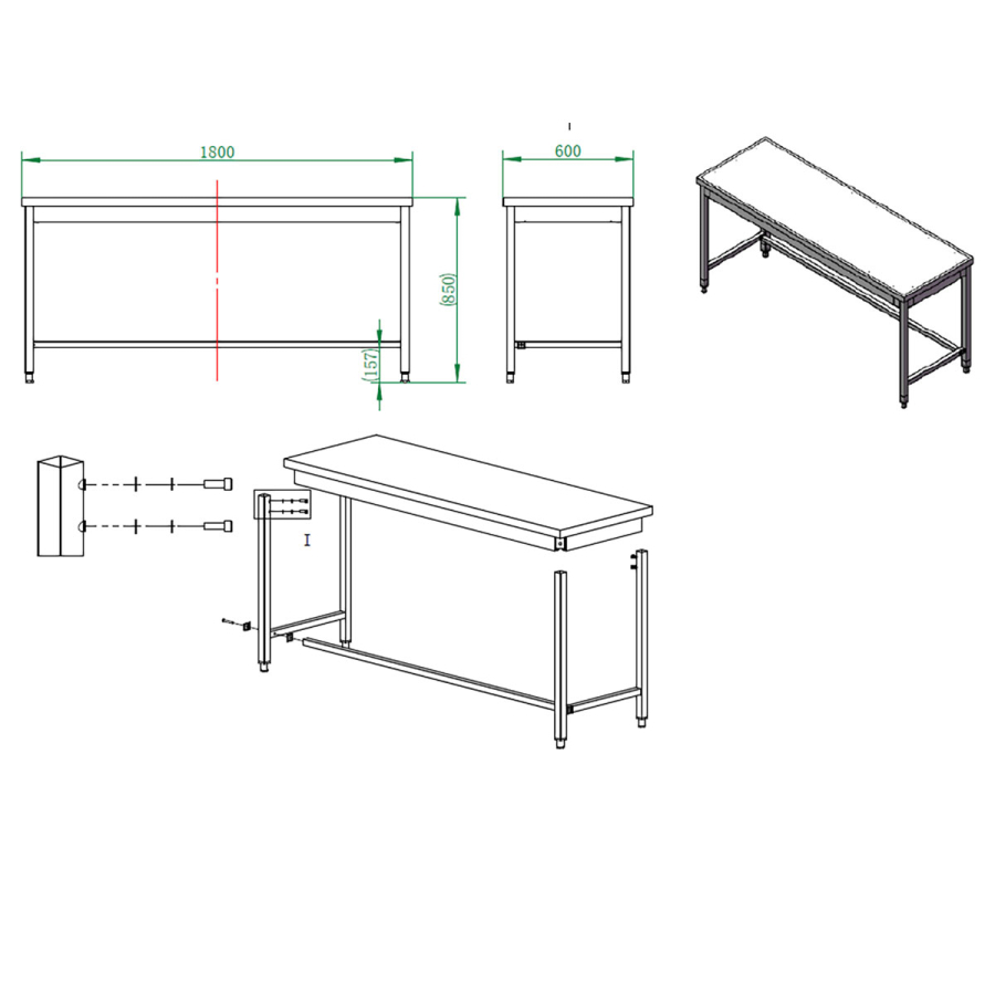 EASYLINE werktafel 600 / onderrijdbaar B:1800