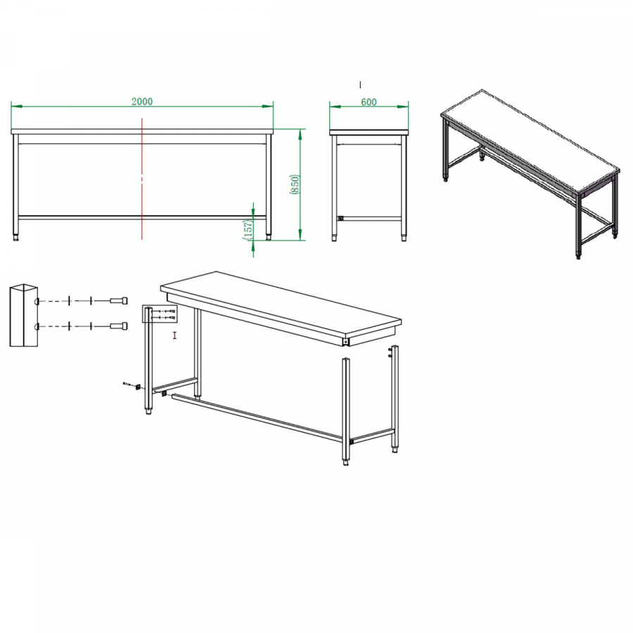 EASYLINE Arbeitstisch 600 / unterfahrbar B:2000