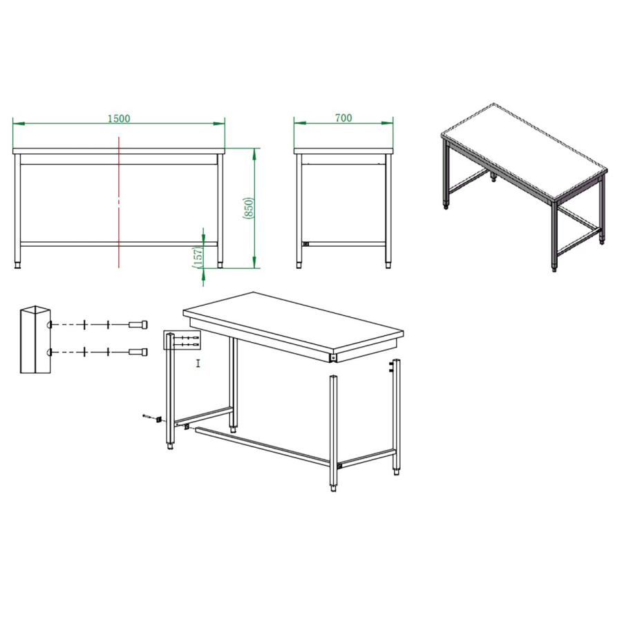 EASYLINE werktafel 700 / onderrijdbaar B:1500