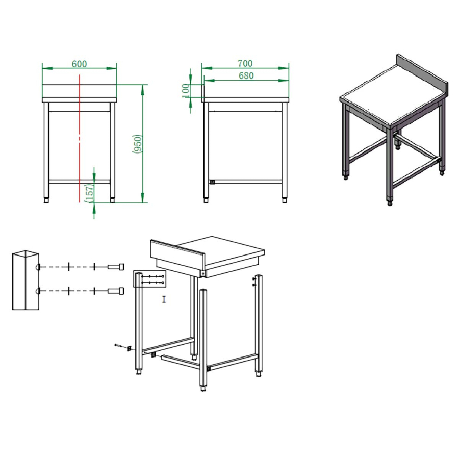EASYLINE werktafel 700 / onderrijdbaar met opstaande rand B:600