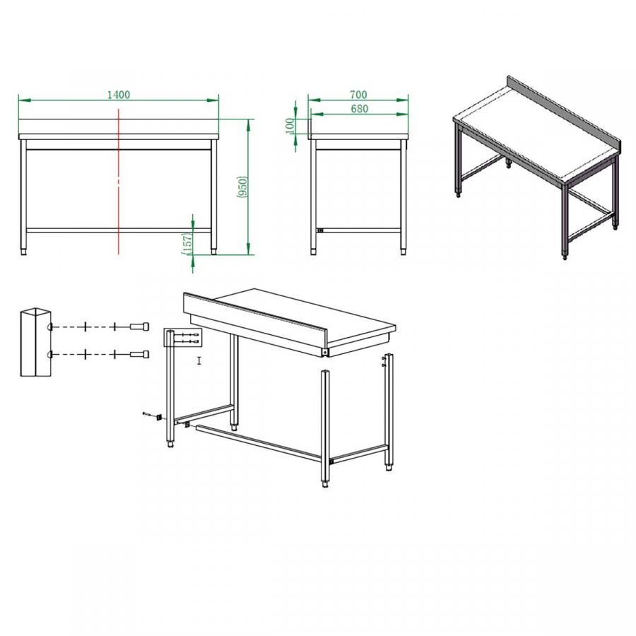 EASYLINE Arbeitstisch 700 / unterfahrbar mit Aufkantung B:1400