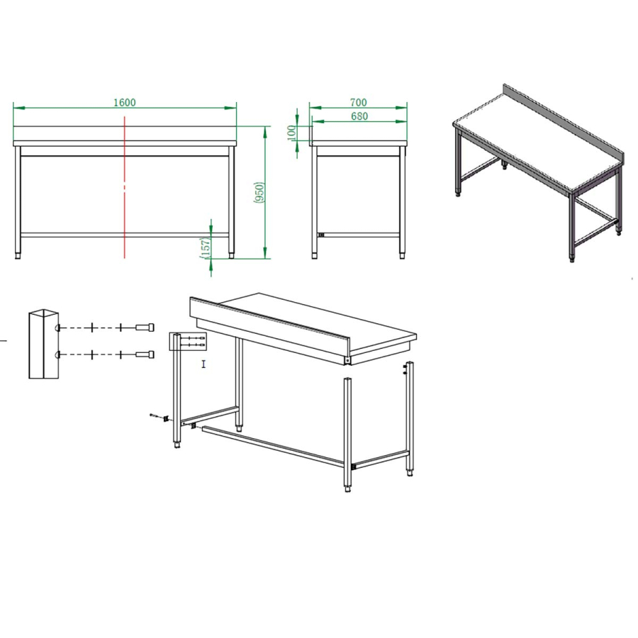 EASYLINE Arbeitstisch 700 / unterfahrbar mit Aufkantung B:1600