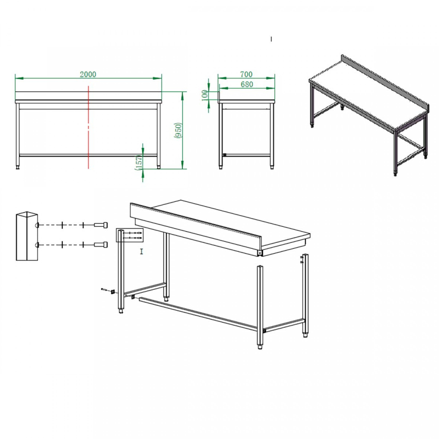 EASYLINE Arbeitstisch 700 / unterfahrbar mit Aufkantung B:2000
