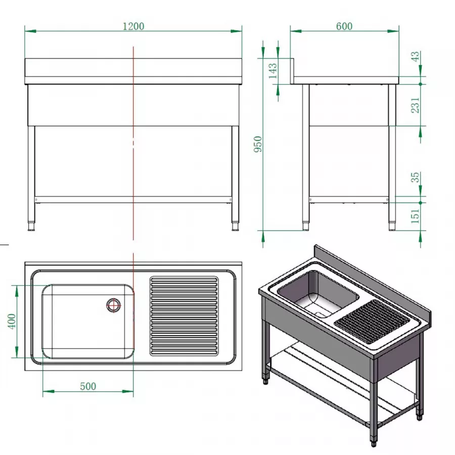 EASYLINE Spültisch 600 / 1 Becken links und Abtropffläche B:1200